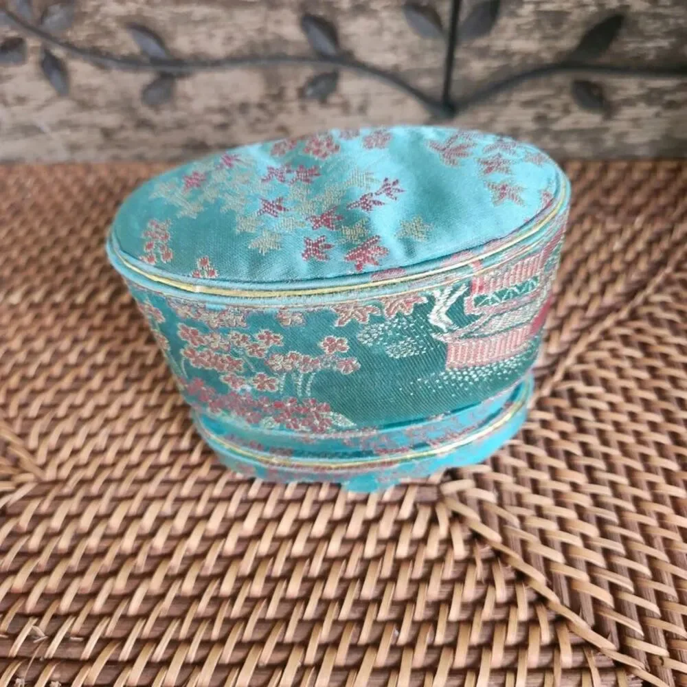 Vintage BaoDing in pedestal case, turquoise & red Chinese Fabric